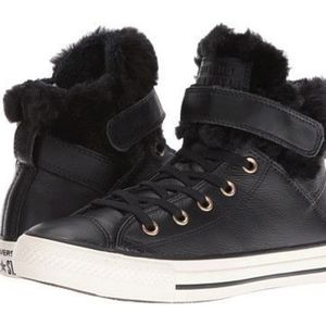 Converse Black Leather Fur High Tops